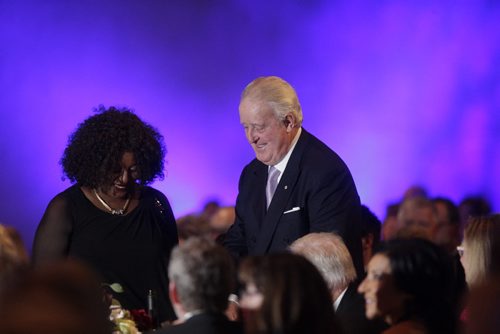 MIKAELA MACKENZIE / WINNIPEG FREE PRESS
Former Prime Minister Brian Mulroney smiles with Sibongiseni Dlamini-Mntambo, South African High Commissioner, after she spoke at a gala celebrating the opening of the Mandela exhibition at the Canadian Museum for Human Rights in Winnipeg on Monday, June 4, 2018. 
Mikaela MacKenzie / Winnipeg Free Press 2018.