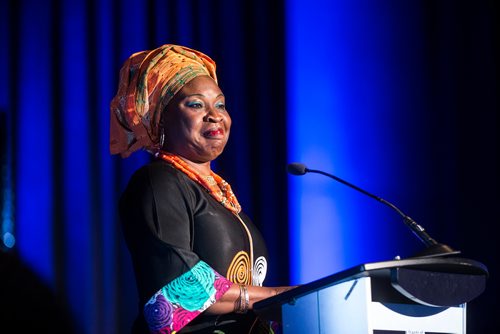 MIKAELA MACKENZIE / WINNIPEG FREE PRESS
President-elect of the Black Women's Congress of Manitoba Kenny Daodu speaks a gala celebrating the opening of the Mandela exhibition at the Canadian Museum for Human Rights in Winnipeg on Monday, June 4, 2018. 
Mikaela MacKenzie / Winnipeg Free Press 2018.