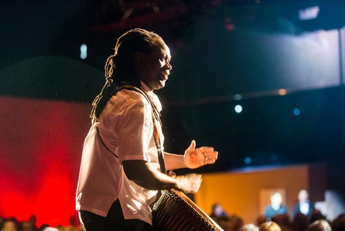 MIKAELA MACKENZIE / WINNIPEG FREE PRESS
Casimiro Nhussi, artistic director of NAfro Dance Productions, drums at a gala celebrating the opening of the Mandela exhibition at the Canadian Museum for Human Rights in Winnipeg on Monday, June 4, 2018. 
Mikaela MacKenzie / Winnipeg Free Press 2018.