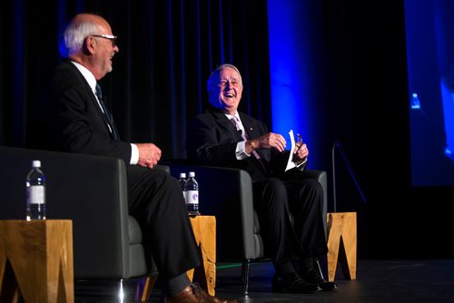 MIKAELA MACKENZIE / WINNIPEG FREE PRESS
Former Prime Minister Brian Mulroney speaks with Peter Mansbridge at a gala celebrating the opening of the Mandela exhibition at the Canadian Museum for Human Rights in Winnipeg on Monday, June 4, 2018. 
Mikaela MacKenzie / Winnipeg Free Press 2018.