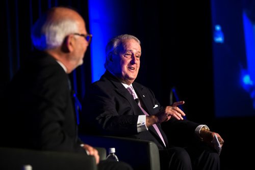 MIKAELA MACKENZIE / WINNIPEG FREE PRESS
Former Prime Minister Brian Mulroney speaks with Peter Mansbridge at a gala celebrating the opening of the Mandela exhibition at the Canadian Museum for Human Rights in Winnipeg on Monday, June 4, 2018. 
Mikaela MacKenzie / Winnipeg Free Press 2018.