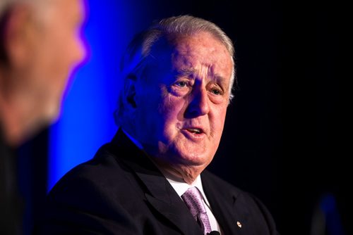 MIKAELA MACKENZIE / WINNIPEG FREE PRESS
Former Prime Minister Brian Mulroney speaks with Peter Mansbridge at a gala celebrating the opening of the Mandela exhibition at the Canadian Museum for Human Rights in Winnipeg on Monday, June 4, 2018. 
Mikaela MacKenzie / Winnipeg Free Press 2018.