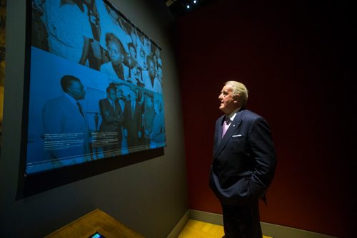 MIKAELA MACKENZIE / WINNIPEG FREE PRESS
Former Prime Minister Brian Mulroney takes a look at the Mandela exhibit (where pictures and excerpts from his own speech was used) after attending a gala celebrating the opening of the exhibition at the Canadian Museum for Human Rights in Winnipeg on Monday, June 4, 2018. 
Mikaela MacKenzie / Winnipeg Free Press 2018.