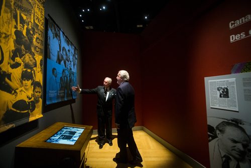 MIKAELA MACKENZIE / WINNIPEG FREE PRESS
Stuart Murray (left) shows Former Prime Minister Brian Mulroney the Mandela exhibit (where parts of his speech are used) after attending a gala celebrating the opening of the exhibition at the Canadian Museum for Human Rights in Winnipeg on Monday, June 4, 2018. 
Mikaela MacKenzie / Winnipeg Free Press 2018.