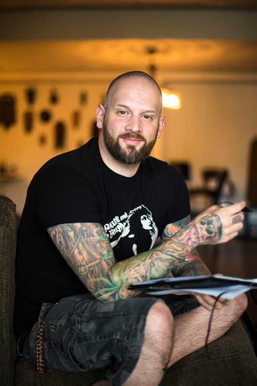 MIKAELA MACKENZIE / WINNIPEG FREE PRESS
Jeff Bromley, who released his first book of poetry, Feast, earlier this spring, poses in his home in Winnipeg on Tuesday, June 5, 2018. It was a best-seller at McNally in March and has shipped copies as far as New Zealand and Iraq. 
Mikaela MacKenzie / Winnipeg Free Press 2018.