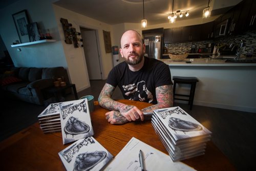 MIKAELA MACKENZIE / WINNIPEG FREE PRESS
Jeff Bromley, who released his first book of poetry, Feast, earlier this spring, poses in his home in Winnipeg on Tuesday, June 5, 2018. It was a best-seller at McNally in March and has shipped copies as far as New Zealand and Iraq. 
Mikaela MacKenzie / Winnipeg Free Press 2018.