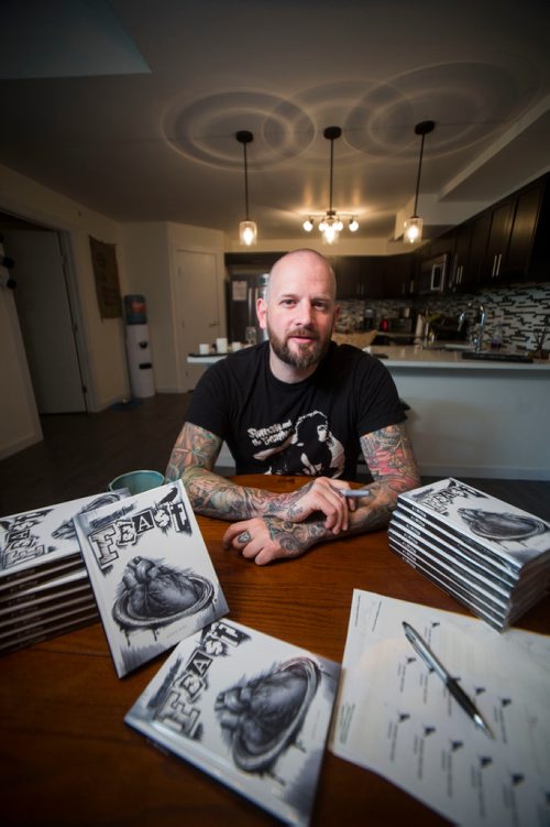 MIKAELA MACKENZIE / WINNIPEG FREE PRESS
Jeff Bromley, who released his first book of poetry, Feast, earlier this spring, poses in his home in Winnipeg on Tuesday, June 5, 2018. It was a best-seller at McNally in March and has shipped copies as far as New Zealand and Iraq. 
Mikaela MacKenzie / Winnipeg Free Press 2018.