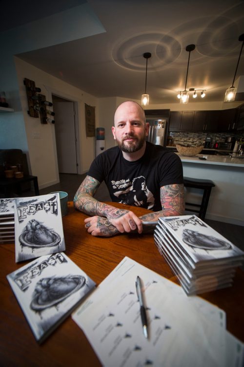 MIKAELA MACKENZIE / WINNIPEG FREE PRESS
Jeff Bromley, who released his first book of poetry, Feast, earlier this spring, poses in his home in Winnipeg on Tuesday, June 5, 2018. It was a best-seller at McNally in March and has shipped copies as far as New Zealand and Iraq. 
Mikaela MacKenzie / Winnipeg Free Press 2018.