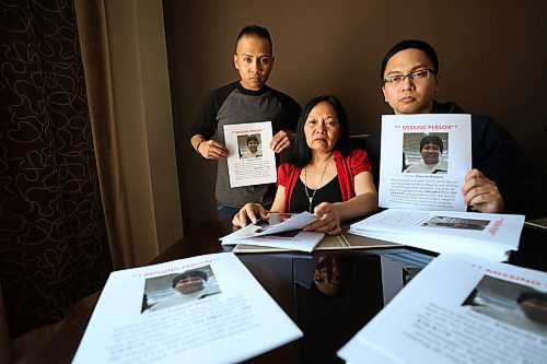 RUTH BONNEVILLE / WINNIPEG FREE PRESS

The family of Eduardo Balaquit,  a man who went missing Monday night, wife Lumie and sons Erwin (left) and Edward (right), have their photo taken in their home with missing person posters they are distributing in the community and with the media.  

Police presser:
The Winnipeg Police Service is requesting the public's assistance with locating a missing 59-year-old male, Eduardo Balaquit. He was last seen on Monday, June 4, 2018, at approximately 6:00 p.m. in the Amber Trails area.
Members of the Homicide Unit have been assigned to the investigation. It is believed that Eduardo had been in the 300 block of Keewatin Street on Monday, June 4, 2018, between the hours of 6 and 9 p.m. He may have been in a grey/silver 2012 Dodge Caravan.

See Ryan Thorpe story. 

June 6,  2018
