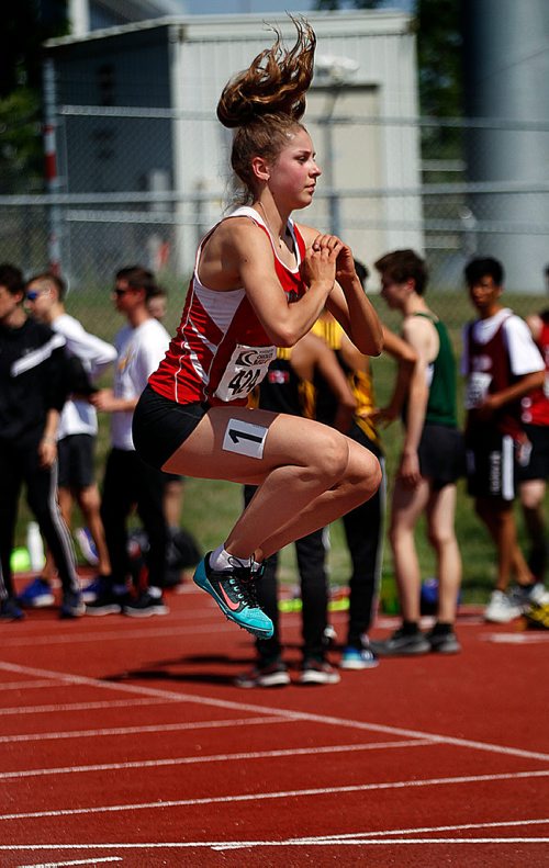 PHIL HOSSACK / WINNIPEG FREE PRESS - Kelvin's Erin Valgardson warms up for the Sr Women's 1500 metre event Thursday. See story. - June 7, 2018