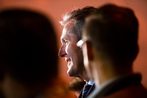 MIKAELA MACKENZIE / WINNIPEG FREE PRESS
Premier Brian Pallister scrums with the media after the opening of the Nonsuch gallery at the Manitoba Museum in Winnipeg on Wednesday, June 6, 2018.
Mikaela MacKenzie / Winnipeg Free Press 2018.