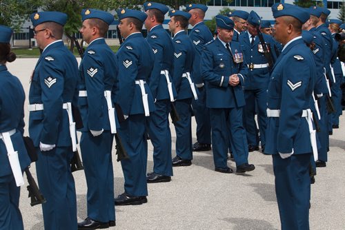 MIKE DEAL / WINNIPEG FREE PRESS
Brigadier-General Sean Boyle, Deputy Commander 1 Canadian Air Division reviews the contingent of the RCAF during one of their final practices at 17 Wing Winnipeg before heading to London to perform Public Duties for Her Majesty Queen Elizabeth II from June 25th to July 15th.
180608 - Friday, June 08, 2018.