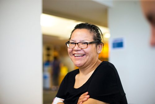 MIKAELA MACKENZIE / WINNIPEG FREE PRESS
Melodie Harper laughs at a joke while discussing the treatment of First Nations in the medical system while at the Grace Hospital in Winnipeg on Wednesday, June 6, 2018. Melodie is still struggling with pain, and isn't able to access the care that she needs at home.
Mikaela MacKenzie / Winnipeg Free Press 2018.