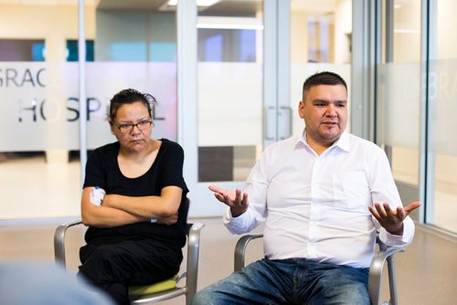 MIKAELA MACKENZIE / WINNIPEG FREE PRESS
Melodie Harper and her husband, Vernon, discuss the treatment of First Nations in the medical system while at the Grace Hospital in Winnipeg on Wednesday, June 6, 2018. Melodie is still struggling with pain, and isn't able to access the care that she needs at home.
Mikaela MacKenzie / Winnipeg Free Press 2018.