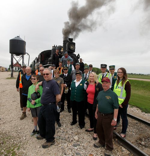 PHIL HOSSACK / WINNIPEG FREE PRESS -  Prairie Dog Central volunteers and VLS members pose in front of engine #3 Saturday. See Wendy King story. - June 9, 2018