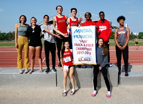 PHIL HOSSACK / WINNIPEG FREE PRESS - Members of Kelvin's Championship Track team show off their new banner Saturday afternoon. See Taylor Allen's story.- June 9, 2018