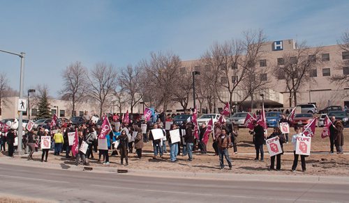 Canstar Community News April 11, 2017 - Over 100 people gathered in front of Concordia Hospital this morning to rally in support of emergency care workers following the provincial government's announcement that Concordia's ER will be closing. (SHELDON BIRNIE/CANSTAR/THE HERALD).