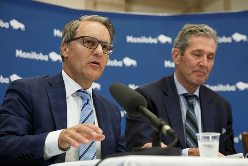 MIKE DEAL / WINNIPEG FREE PRESS
Manitoba Premier Brian Pallister and the Minister of Finance Cameron Friesen during an announcement of recipients for the Transformation Capital Fund.
180611 - Monday, June 11, 2018.