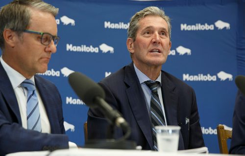 MIKE DEAL / WINNIPEG FREE PRESS
Manitoba Premier Brian Pallister and the Minister of Finance Cameron Friesen during an announcement of recipients for the Transformation Capital Fund.
180611 - Monday, June 11, 2018.