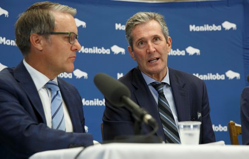 MIKE DEAL / WINNIPEG FREE PRESS
Manitoba Premier Brian Pallister and the Minister of Finance Cameron Friesen during an announcement of recipients for the Transformation Capital Fund.
180611 - Monday, June 11, 2018.