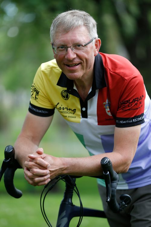 JOHN WOODS / WINNIPEG FREE PRESS
Anglican Bishop Robert Hardwick, who is cycling across Canada for healing and reconciliation with indigenous people, is photographed at the Truth and Reconciliation Healing Garden Monday, June 11, 2018.