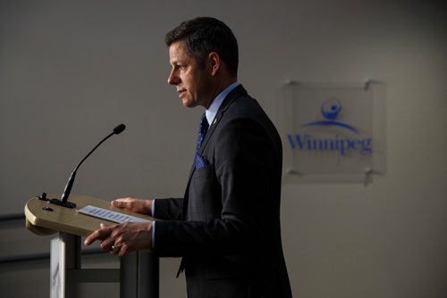 MIKE DEAL / WINNIPEG FREE PRESS
Winnipeg Mayor Brian Bowman holds a news conference after the EPC meeting where he introduced a motion that would give council the chance to give direction to the public service on how to deal with a part of the new collective agreement with the United Firefighters of Winnipeg. 
180613 - Wednesday, June 13, 2018.