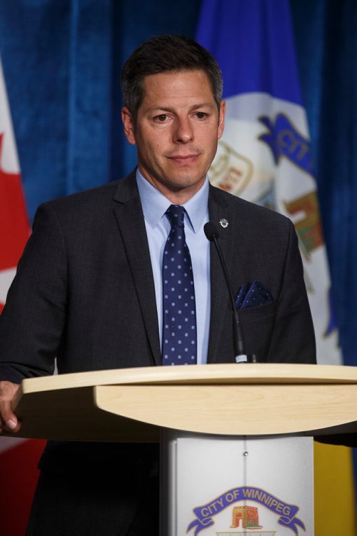 MIKE DEAL / WINNIPEG FREE PRESS
Winnipeg Mayor Brian Bowman holds a news conference after the EPC meeting where he introduced a motion that would give council the chance to give direction to the public service on how to deal with a part of the new collective agreement with the United Firefighters of Winnipeg. 
180613 - Wednesday, June 13, 2018.