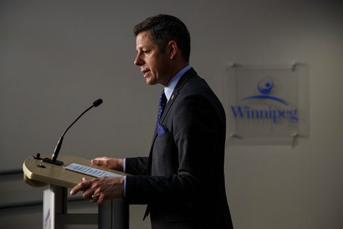 MIKE DEAL / WINNIPEG FREE PRESS
Winnipeg Mayor Brian Bowman holds a news conference after the EPC meeting where he introduced a motion that would give council the chance to give direction to the public service on how to deal with a part of the new collective agreement with the United Firefighters of Winnipeg. 
180613 - Wednesday, June 13, 2018.