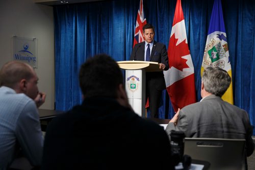 MIKE DEAL / WINNIPEG FREE PRESS
Winnipeg Mayor Brian Bowman holds a news conference after the EPC meeting where he introduced a motion that would give council the chance to give direction to the public service on how to deal with a part of the new collective agreement with the United Firefighters of Winnipeg. 
180613 - Wednesday, June 13, 2018.
