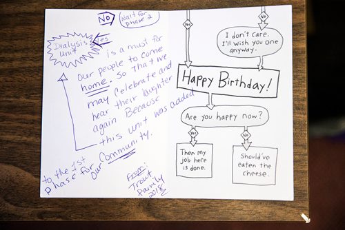 MIKAELA MACKENZIE / WINNIPEG FREE PRESS
Hundreds of birthday cards for the health minister from people from Cross Lake who are yearning for provincial funds to help build a health complex at the Manitoba Legislative Building in Winnipeg on Wednesday, June 13, 2018. 
Mikaela MacKenzie / Winnipeg Free Press 2018.