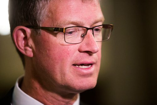 MIKAELA MACKENZIE / WINNIPEG FREE PRESS
Minister Andrew Swan scrums after question period at the Manitoba Legislative Building in Winnipeg on Wednesday, June 13, 2018. 
Mikaela MacKenzie / Winnipeg Free Press 2018.