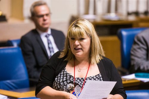 MIKAELA MACKENZIE / WINNIPEG FREE PRESS
MLA Bernadette Smith speaks during question period in the Manitoba Legislative Chamber in Winnipeg on Wednesday, June 13, 2018. 
Mikaela MacKenzie / Winnipeg Free Press 2018.