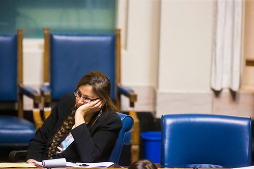 MIKAELA MACKENZIE / WINNIPEG FREE PRESS
MLA Judy Klassen avoids Pallister's gaze during question period in the Manitoba Legislative Chamber in Winnipeg on Wednesday, June 13, 2018. 
Mikaela MacKenzie / Winnipeg Free Press 2018.