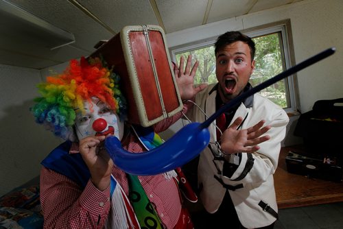 PHIL HOSSACK / WINNIPEG FREE PRESS -  DooDoo the clown aka Shane Farberman (right and his son Magician Aaron Matthews fool around in their dressing room at the Ex grounds Wednesday afternoon.  Maggie Macintosh story. - June 13, 2018