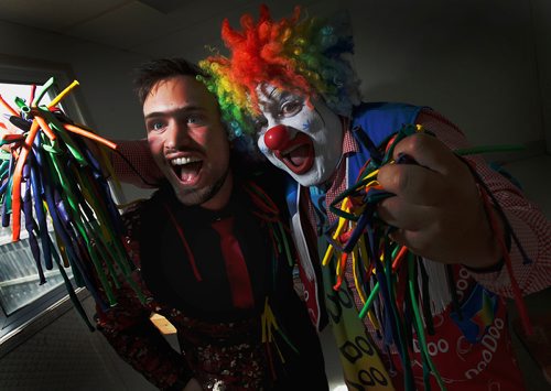 PHIL HOSSACK / WINNIPEG FREE PRESS -  DooDoo the clown aka Shane Farberman (right and his son Magician Aaron Matthews fool around in their dressing room at the Ex grounds Wednesday afternoon.  Maggie Macintosh story. - June 13, 2018