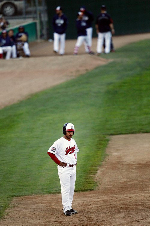 PHIL HOSSACK / WINNIPEG FREE PRESS - Winnipeg Goldeye #10 Dave Sappelt hangs out at third hoping to score against the Gary Southshore Railcats Wednesdat evening at Shaw Park. - June 12, 2018