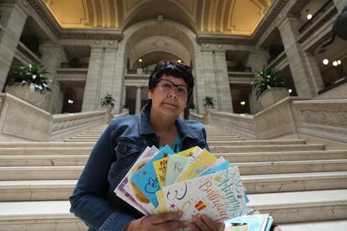 RUTH BONNEVILLE / WINNIPEG FREE PRESS

Chief Cathy Merrick of Cross Lake First Nation holds birthday cards on the steps of the Legislative Building Thursday.  For Saturday story about Cross Lakes proposed health complex. 
Background info:
Hundreds of birthday cards have been collected for the health minister from people from Cross Lake who are yearning for provincial funds to help build a health complex. 

See story by Jessica Botelho-Urbanski
Manitoba Legislature Reporter

June 14, 2018
