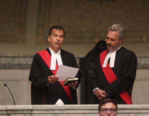RUTH BONNEVILLE / WINNIPEG FREE PRESS

Photos of the swearing-in ceremony for The Honourable Justice Ken Champagne to the Court of Queens Bench with the Honourable Glenn Joyal, Chief Justice of the Court of Queens Bench (white hair) at  the Law Courts, Friday.
Standup photo 


June 15, 2018

