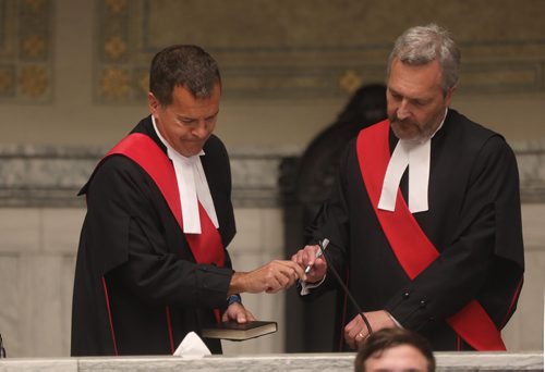 RUTH BONNEVILLE / WINNIPEG FREE PRESS

Photos of the swearing-in ceremony for The Honourable Justice Ken Champagne to the Court of Queens Bench with the Honourable Glenn Joyal, Chief Justice of the Court of Queens Bench (white hair) at  the Law Courts, Friday.
Standup photo 


June 15, 2018
