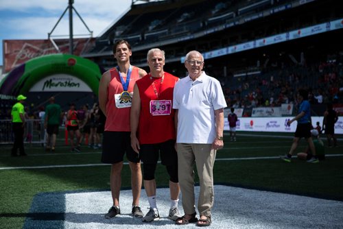 ANDREW RYAN / WINNIPEG FREE PRESS Three generations of the Bronk family have run in the Manitoba marathon. From left is Dylan, 29, Bob, 58, and Arie 80, on June 17, 2018.