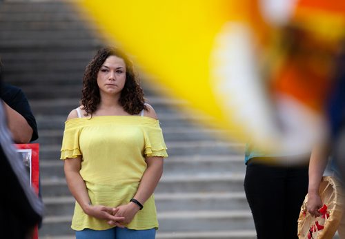 ANDREW RYAN / WINNIPEG FREE PRESS Sommer Bousquet stands at during  gathering at the forks raising awareness for missing and murdered indigenous men on June 17, 2018.