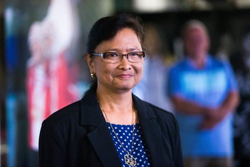 MIKAELA MACKENZIE / WINNIPEG FREE PRESS
Manitoba Sports Hall of Fame 2018 inductee Nieva Embuldeniya smiles at the audience at a media conference in Winnipeg on Monday, June 18, 2018. 
Mikaela MacKenzie / Winnipeg Free Press 2018.