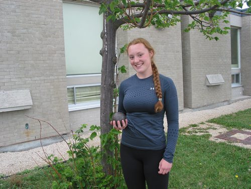 Canstar Community News June 11, 2018 - Grade 11 student Fallon Sholdice at St. Paul's Collegiate won first place in shot put at the 2018 Manitoba High School Athletics Association's provincial track and field meet. (ANDREA GEARY/CANSTAR COMMUNITY NEWS)