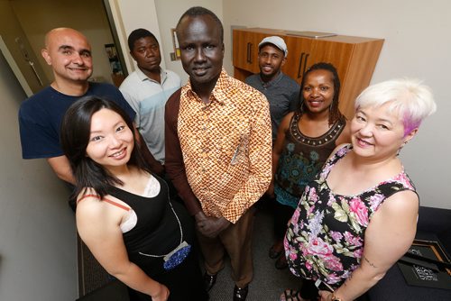 JOHN WOODS / WINNIPEG FREE PRESS
From left, Nour Ali, Jennifer Chen, Othello Wesee, Reuben Garang, Muuxi Adam, Rose Kimani, Wanda Yamamoto, founding organizers of Manitoba Ethnocultural Council which is being announced Wednesday, World Refugee Day, are photographed in Winnipeg Monday, June 18, 2018.