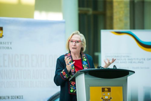 MIKAELA MACKENZIE / WINNIPEG FREE PRESS
Minister of Crown and Indigenous Relations Carolyn Bennett speaks at Indigenous Peoples Day festivities at the University of Manitoba Bannatyne campus in Winnipeg on Thursday, June 21, 2018. 
Mikaela MacKenzie / Winnipeg Free Press 2018.