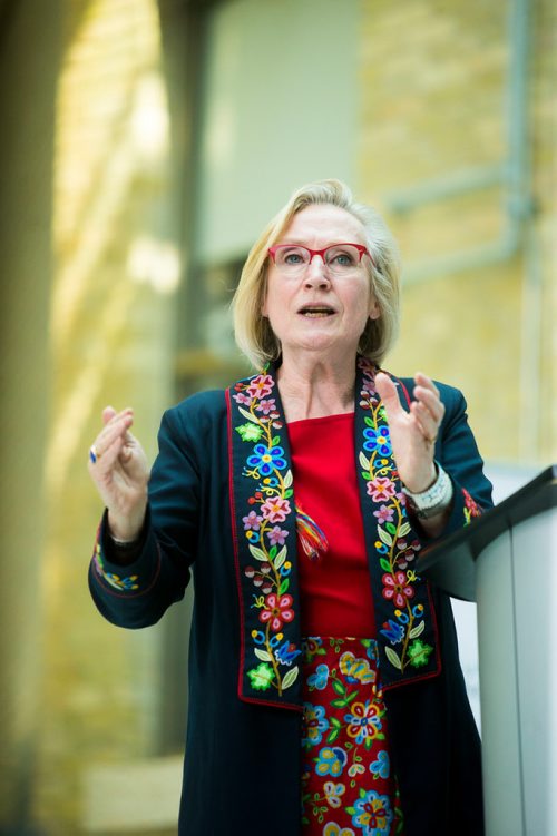 MIKAELA MACKENZIE / WINNIPEG FREE PRESS
Minister of Crown and Indigenous Relations Carolyn Bennett speaks at Indigenous Peoples Day festivities at the University of Manitoba Bannatyne campus in Winnipeg on Thursday, June 21, 2018. 
Mikaela MacKenzie / Winnipeg Free Press 2018.