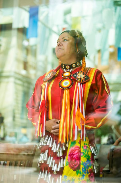 MIKAELA MACKENZIE / WINNIPEG FREE PRESS
Jingle dancer Michele Landon poses for a portrait after Indigenous Peoples Day festivities at the University of Manitoba Bannatyne campus in Winnipeg on Thursday, June 21, 2018. 
Mikaela MacKenzie / Winnipeg Free Press 2018.