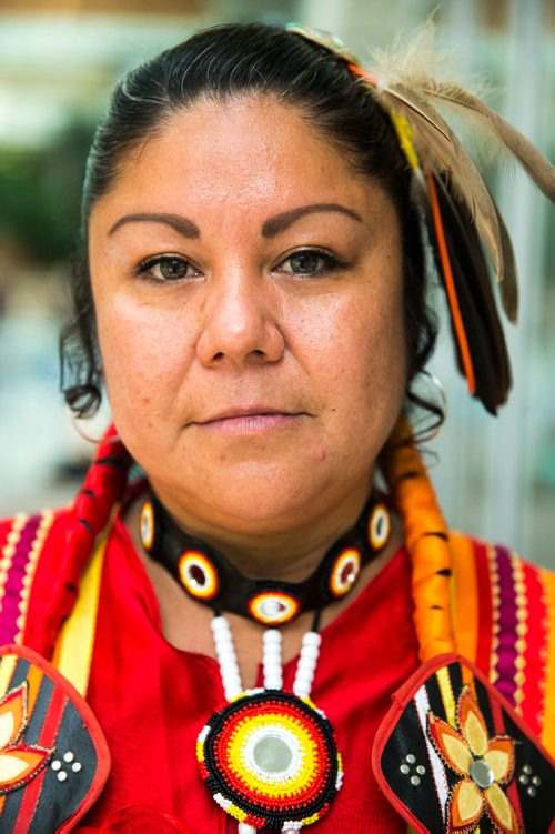 MIKAELA MACKENZIE / WINNIPEG FREE PRESS
Jingle dancer Michele Landon poses for a portrait after Indigenous Peoples Day festivities at the University of Manitoba Bannatyne campus in Winnipeg on Thursday, June 21, 2018. 
Mikaela MacKenzie / Winnipeg Free Press 2018.