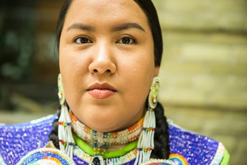 MIKAELA MACKENZIE / WINNIPEG FREE PRESS
Fancy shawl dancer Robin Parisian poses for a portrait after Indigenous Peoples Day festivities at the University of Manitoba Bannatyne campus in Winnipeg on Thursday, June 21, 2018. 
Mikaela MacKenzie / Winnipeg Free Press 2018.