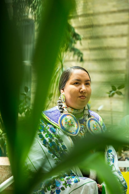 MIKAELA MACKENZIE / WINNIPEG FREE PRESS
Fancy shawl dancer Robin Parisian poses for a portrait after Indigenous Peoples Day festivities at the University of Manitoba Bannatyne campus in Winnipeg on Thursday, June 21, 2018. 
Mikaela MacKenzie / Winnipeg Free Press 2018.